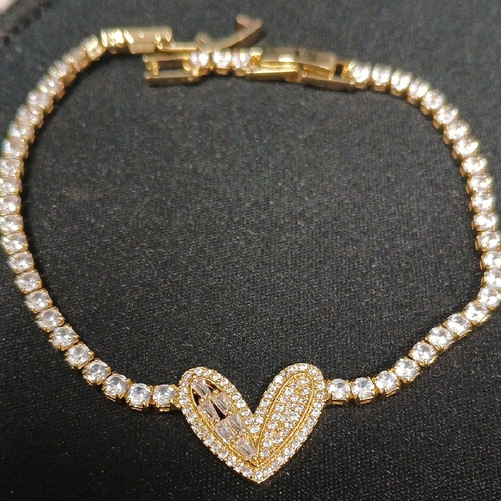18k Gold Filled Over 925 Heart Bracelet with Crystals